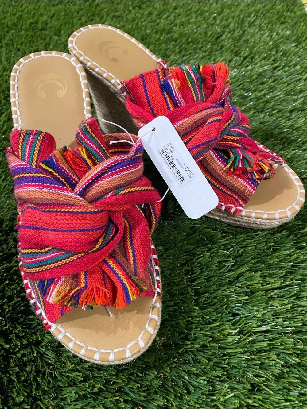 Charming Charlie Women's Multicolor Striped Fringe Wedge Slide Slip-On Sandals 8